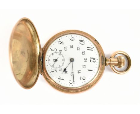 A gold plated crown wind pocket watch, the white enamel dial set with Arabic twenty four hour numerals, diameter 50mm.Additio