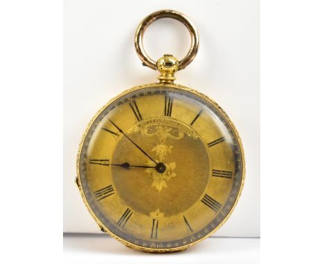 A lady's 18ct gold pocket watch, the circular dial set with Roman numerals and central filigree decoration, indistinct retail