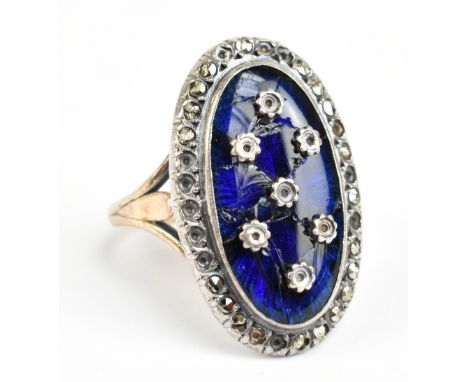 A French yellow and white metal set with rhinestones and guilloche enamel decoration, size N, approx 7g (af).Additional Infor
