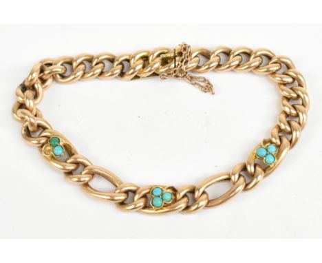 A late Victorian 15ct gold and turquoise set open ring bracelet, the frame set with three clusters of three turquoise stones 