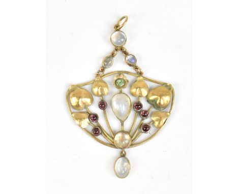 An Arts &amp; Crafts/Art Nouveau 9ct gold moonstone and ruby pendant with stylised floral central panel and six moonstone cab