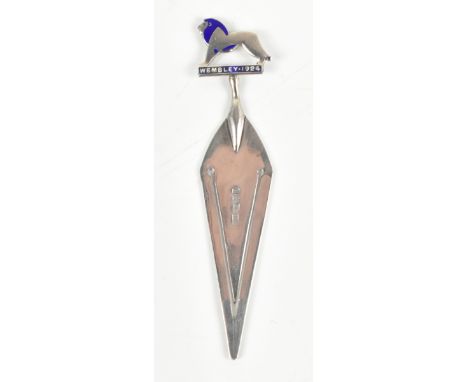 CHARLES HORNER; a George V hallmarked silver and enamelled bookmark, with lion surmount inscribed 'Wembley 1924, produced for