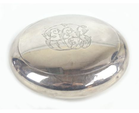 An Edwardian hallmarked silver sprung action snuff box of oval form the lid engraved with initials 'ECB', diameter 9.5cm, app
