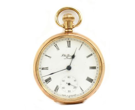 BENSON OF LONDON; a 9ct yellow gold crown wind open face pocket watch, the white enamel dial set with Roman numerals and subs
