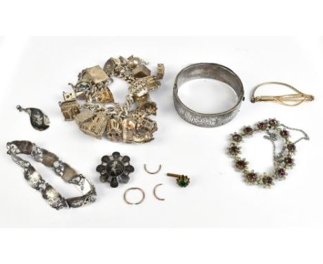 A small group of costume jewellery comprising hallmarked silver bangle and charm bracelet, approx 152g, a Thai sterling silve