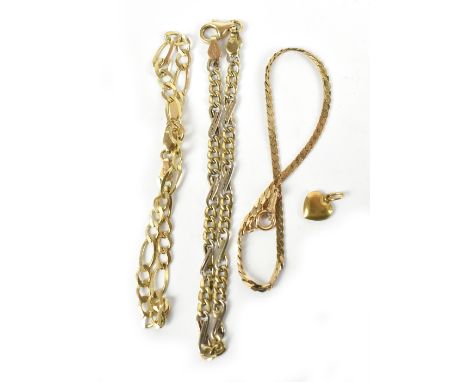 Three 9ct yellow gold bracelets comprising two Figaro link and a curb link example, also a 14ct heart shaped charm, approx 11