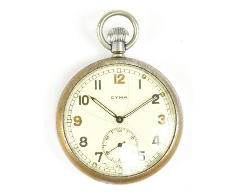 CYMA; a military chrome plated open face pocket watch, the enamelled dial set with Arabic numerals and subsidiary seconds dia