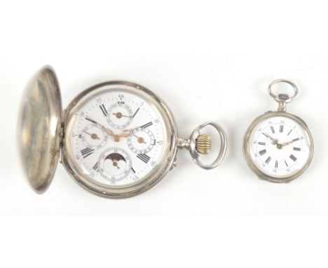 A Swiss gentleman's white metal crown wind full hunter pocket watch, the outer cover with engine turned and chased detail sur