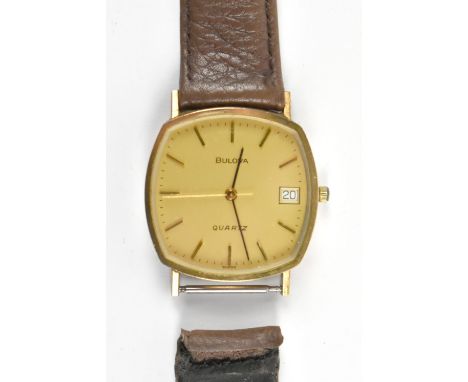 BULOVA; a vintage gentleman's quartz wristwatch, the shaped dial set with date aperture, width excluding winding crown 30mm (