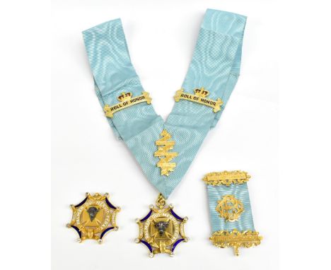 MASONIC/BUFFALO INTEREST; a pair of jewels, one in 9ct yellow gold, one in silver gilt presented to the Hon. Sir A.V.Carr, Pa
