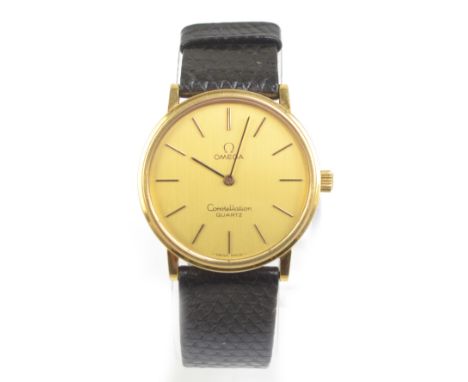 OMEGA; a gold plated and stainless steel backed Constellation quartz wristwatch on Omega strap with buckle, diameter excludin