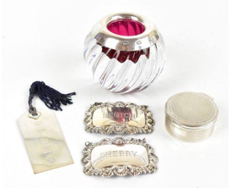 JOHN BULL LTD; a hallmarked silver mounted match striker with internal cranberry glass section, Sheffield 2003, height 6cm, a