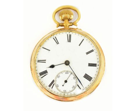 A yellow metal open face crown wind pocket watch, the white enamel dial set with Roman numerals and subsidiary seconds hand, 