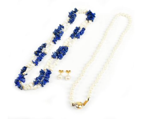 A group of jewellery including a cultured pearl necklace with yellow and white metal clasp, stamped 9K, a lapis lazuli fresh 