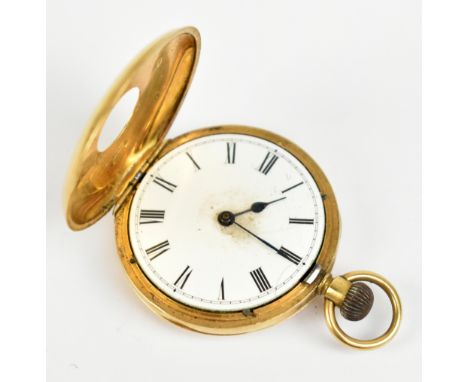 An 18ct yellow gold crown wind lady's half hunter pocket watch, the white enamel dial set with Roman numerals, outer blue ena