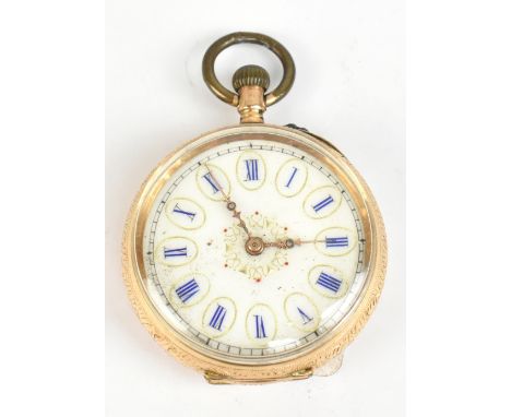 A 14ct yellow gold lady's fob watch, the white enamel dial set with blue enamel Roman numerals and with cuvet inscribed 'Exam