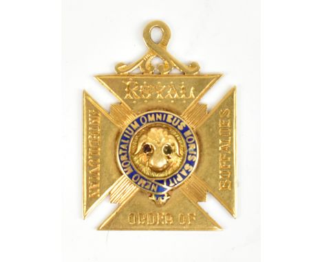 ROYAL ORDER OF BUFFALOES; an 18ct yellow gold and enamelled pendant inscribed 'Central Ben Fund .G.E.B. Presented to KT.H.V.C