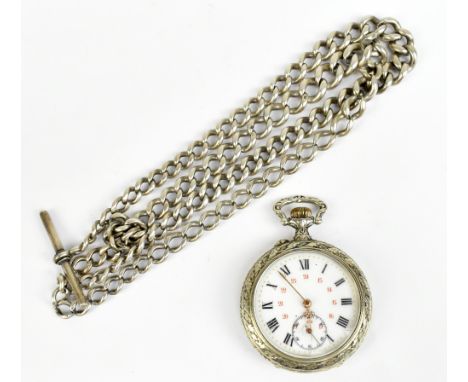 An early 20th century silver plated crown wind open face pocket watch, the white enamelled dial and case decorated with an ea