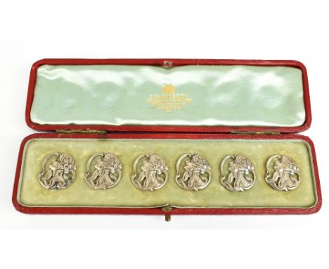 A cased set of Edwardian hallmarked silver Art Nouveau buttons, each decorated with the profile bust of a young maiden, Birmi