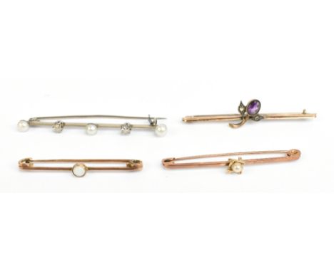A white metal diamond and cultured pearl bar brooch, length 6cm, a yellow metal and opal bar brooch/tie pin, length 4.5cm, an
