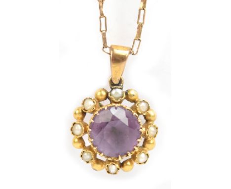 A 9ct yellow gold fine link chain supporting an amethyst and cultured pearl circular pendant, length of chain 56cm, approx 4.