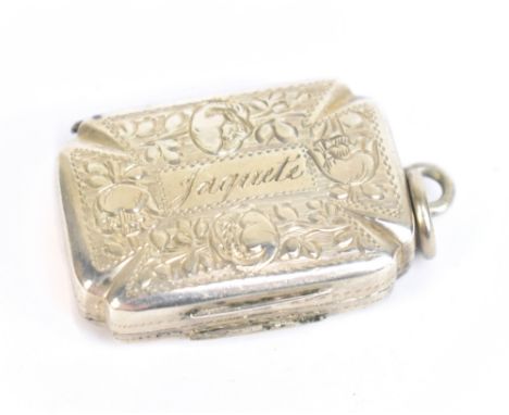 WILLIAM LEA & CO; a George III hallmarked silver vinaigrette of shaped rectangular form, with chased floral details surroundi