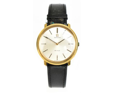 OMEGA; a gentleman's gold plated De Ville wristwatch with black leather strap and Omega buckle, diameter excluding winding cr