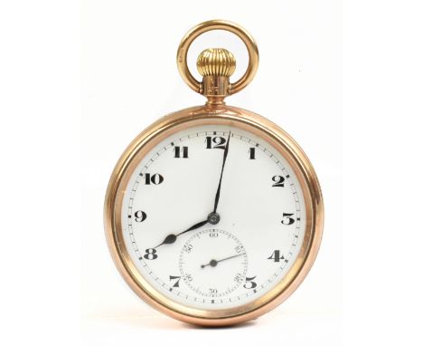 A 9ct yellow gold crown wind open face pocket watch, the white enamel dial set with Arabic numerals and subsidiary seconds ha