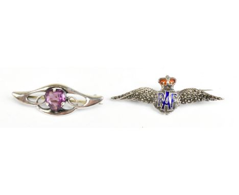 CHARLES HORNER; a silver openwork brooch with central heart shaped stone, length 4cm and a silver RAF enamel decorated and ma