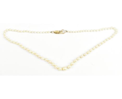 A string of graduated cultured pearls with 9ct yellow gold clasp.Additional InformationThe largest pearl diameter is 6mm. Gen