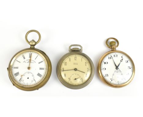 A gold plated crown wind open face pocket watch set with Arabic numerals, a base metal key wind open face pocket watch with w