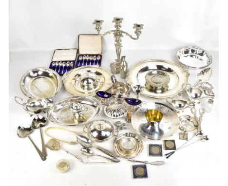 A quantity of assorted silver plate, including two boucheron twin handled plates, diameter of the largest example 38cm, Chris