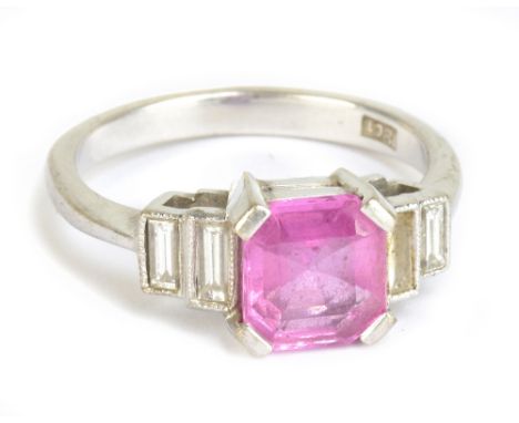 An 18ct white gold, pink sapphire and diamond ring in the Art Deco taste, size I 1/2, approx 3.9g.Additional InformationThe r