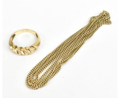 A yellow metal ring, size R, and a yellow metal chain, combined approx 14.5g (2).Additional InformationNeither piece is marke