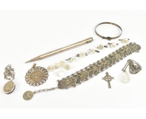 A bracelet formed of 'coins' depicting signs of the zodiac, a child's bangle, locket on chain, mother of pear shirt studs, et