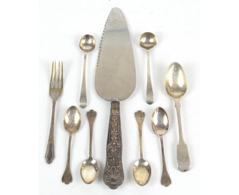 A small group of variously hallmarked silver spoons, a single fork and a sheaf handled cake slice, weighable silver approx 2.