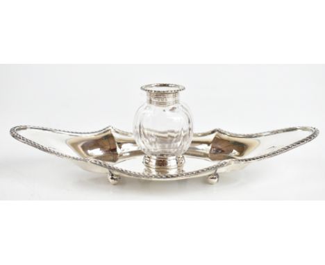 SIBRAY, HALL &amp; CO; a Victorian hallmarked silver desk stand of oval form, with cast beaded detail, London 1896, with matc