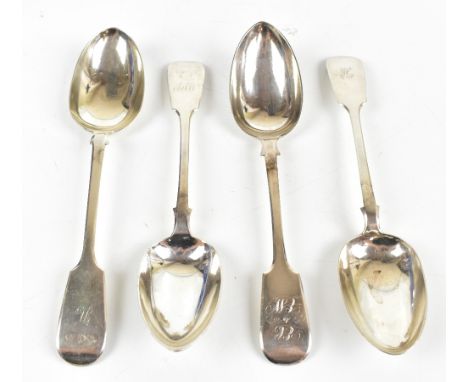 WILLIAM RAWLINGS SOBEY; a pair of Victorian hallmarked silver tablespoons with engraved initials 'H' to handles, Exeter 1850,