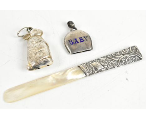 ADIE &amp; LOVEKIN LTD; a George V hallmarked silver baby's rattle, with enamelled verse 'Baby', Birmingham 1921 (af), also a