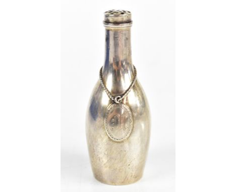 An American stainless steel mace pot modelled in the form of a wine bottle, with chain and oval decanter label with engraved 