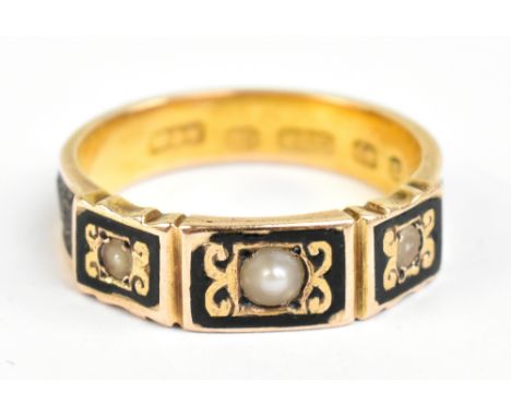 A 15ct yellow gold enamel and hair work mourning ring set with three pearls, size L, approx 2.2g (af).Additional InformationT