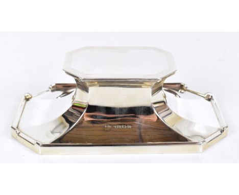 ASPREY &amp; CO LTD; a hallmarked silver double inkwell of rectangular form, with part engine turned cover, Birmingham 1936, 