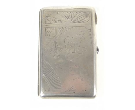 A Russian silver cigarette case with chased Art Nouveau detail, with inscribed initials 'AJ' and blue stone to the push relea