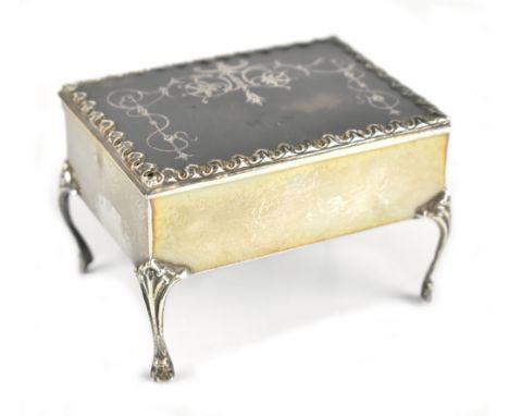 THE ALEXANDER CLARK MANUFACTURING COMPANY; an Edwardian hallmarked silver and inlaid tortoiseshell trinket box of rectangular