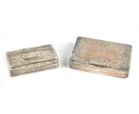 A Victorian silver plated snuff box of rectangular form, length 5.75cm, and a larger example with engraved detail and engrave