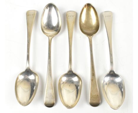 ELIZABETH EATON; a set of five Victorian hallmarked silver teaspoons engraved with initials JHW to the terminals, London 1863