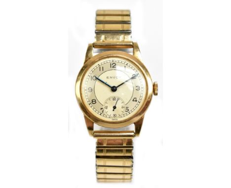 ENOVY; a gentleman's vintage 9ct yellow gold wristwatch, the circular dial set with Arabic numerals and subsidiary seconds ha