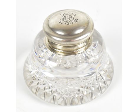 TIFFANY & CO; a sterling silver mounted clear glass inkwell, the hinged cover with engraved initials MAL?, with diamond cut b