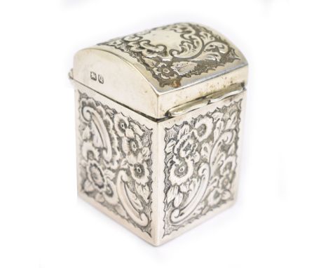 NATHAN &amp; HAYES; a late Victorian hallmarked silver miniature card box with embossed decoration throughout and containing 