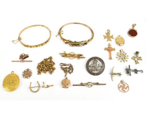 A Victorian yellow metal hinged bangle, another similar smaller example (both af), bar brooch, various pendants, a T-bar, a f